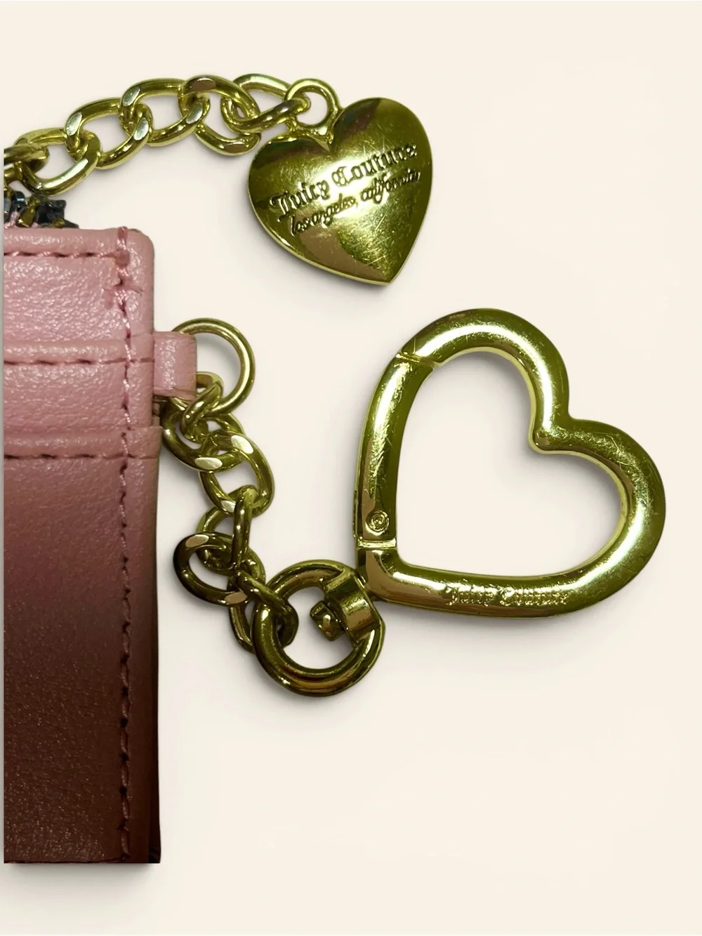 Juicy Couture Blush Pink Crystal Logo Card Holder with Gold Heart Charm